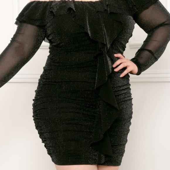 Plus Size Off-Shoulder Ruffle Ruched Mini Dress - Picture 1 of 4